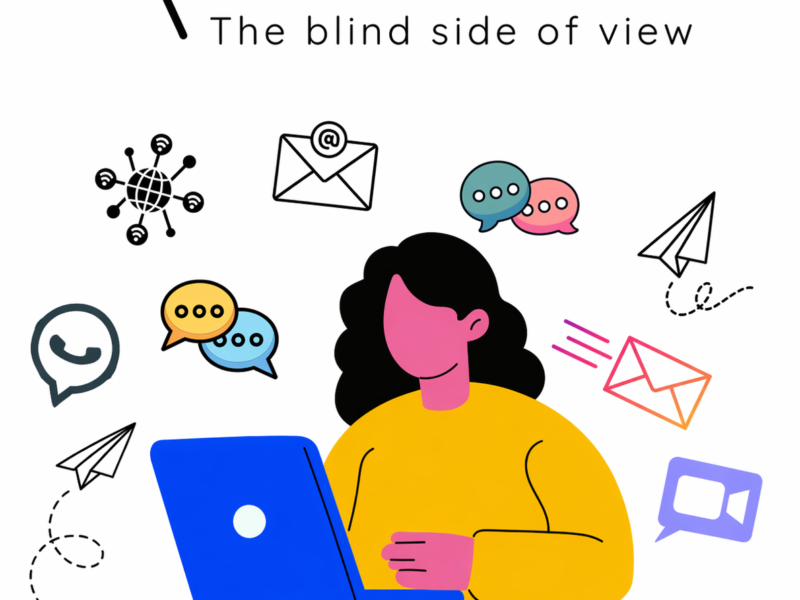 γραφιστικό: επάνω στο κέντρο εμφανίζεται το λογότυπο της «Black Light-The blind side of view». Στο κέντρο υπάρχει μια αφαιρετική φιγούρα ατόμου με σκούρα μαλλιά που χρησιμοποιεί φορητό υπολογιστή. Γύρω του εμφανίζονται εικονίδια επικοινωνίας, όπως φούσκες συνομιλίας, φάκελοι email, αεροπλανάκια χαρτιού και σύμβολα δικτύου, υποδηλώνοντας ψηφιακή επικοινωνία. Το φόντο είναι ανοιχτόχρωμο.